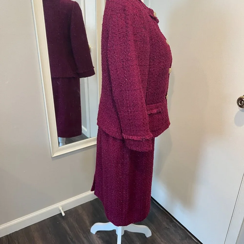 Tahari ASL Magenta Metallic Tweed Skirt Suit with Fringe Detail, Size 10 - Picture 9 of 16